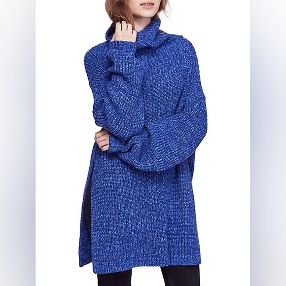 Free People Eleven Chunky Knit Blue Long Tunic Sweater Turtleneck Size XS Winter - Picture 4 of 11